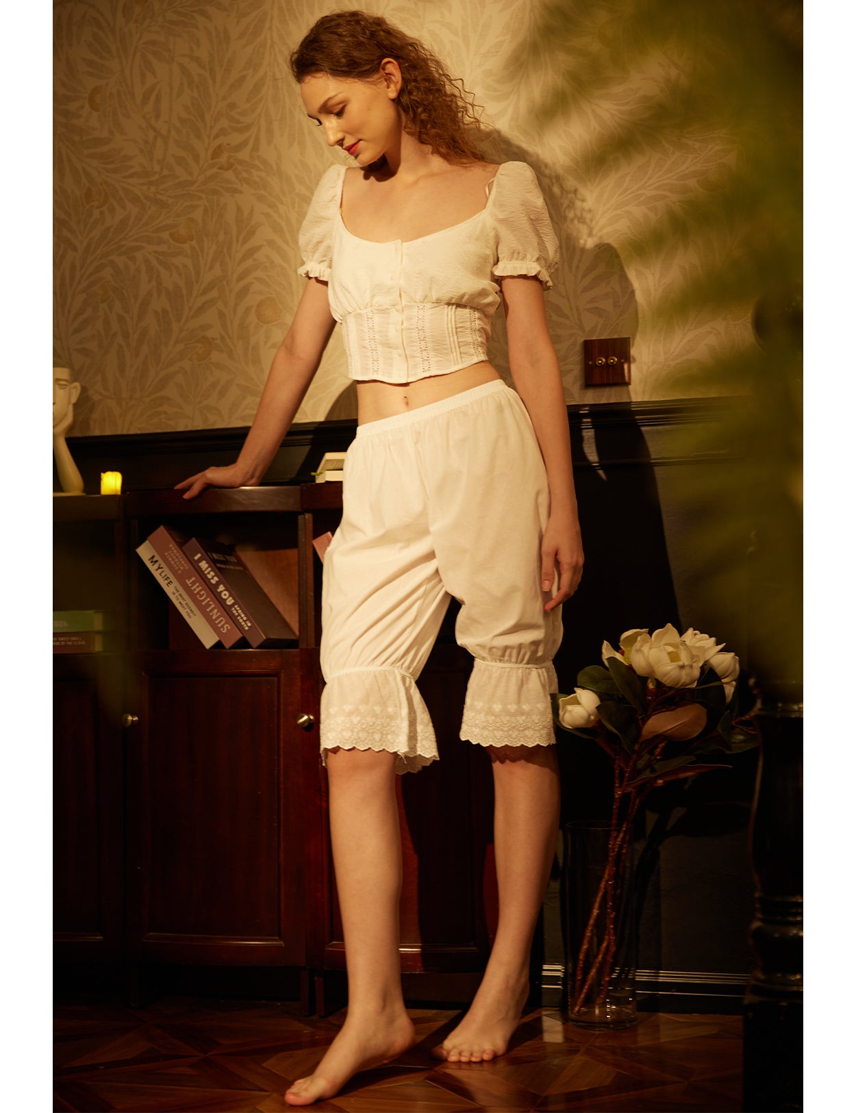 Vintage cotton bloomers with lace ruffle hem for women - showing full design and fit