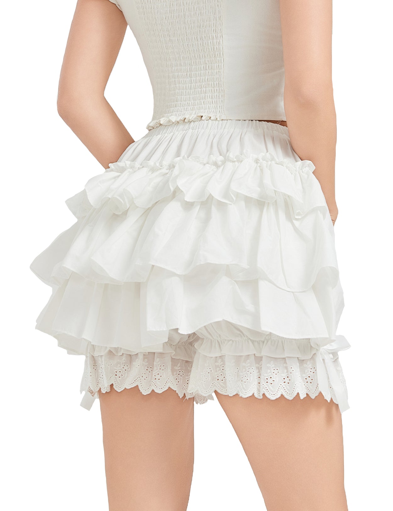 Women's vintage cotton bloomers with tiered ruffles - showing elastic waist and three-tier ruffle design