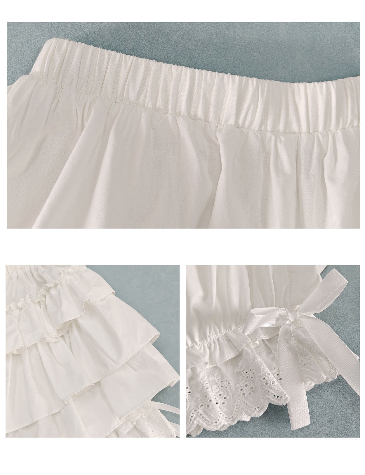 Close-up detail of vintage cotton bloomers showing fabric texture and ruffle construction