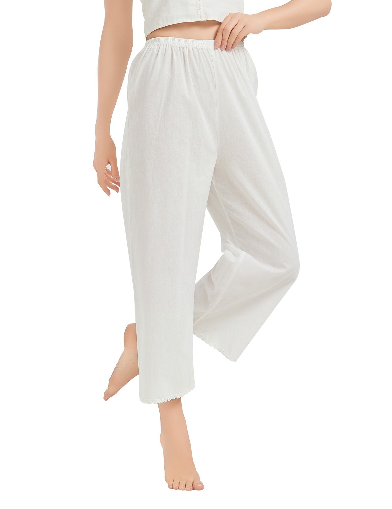Women's white cotton pettipants with delicate lace trim, loose comfortable fit