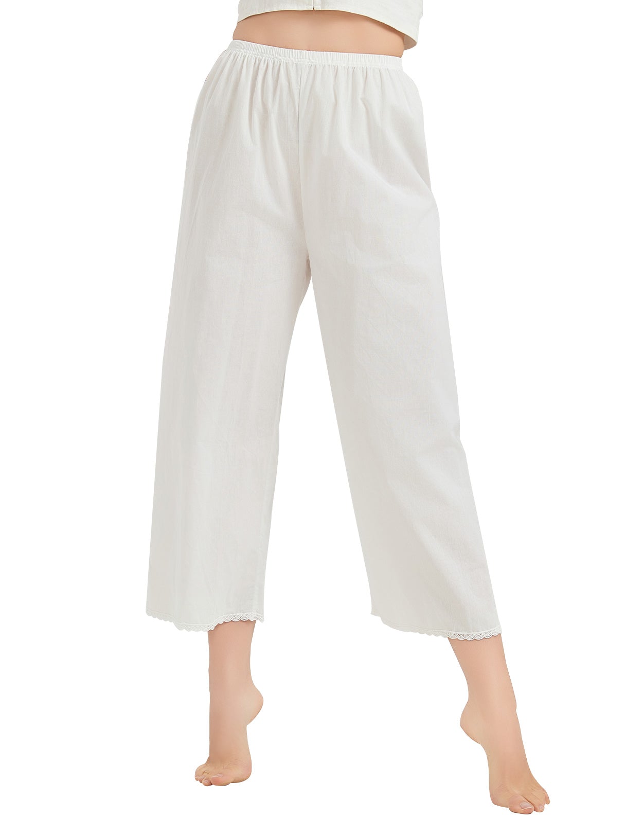 Women's white long cotton pettipants with delicate lace trim, loose comfortable fit