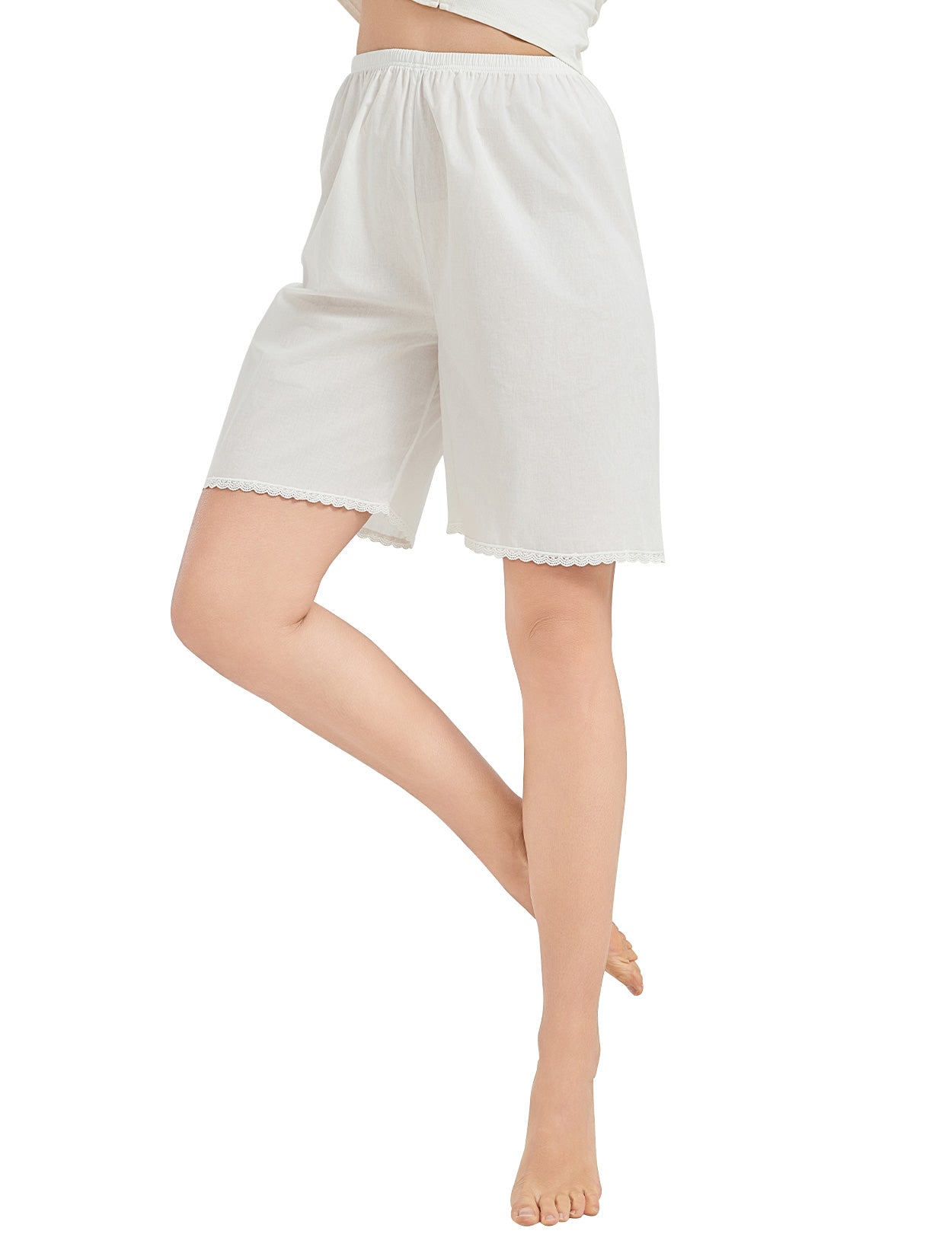 Women's white cotton pettipants with delicate lace trim, loose comfortable fit