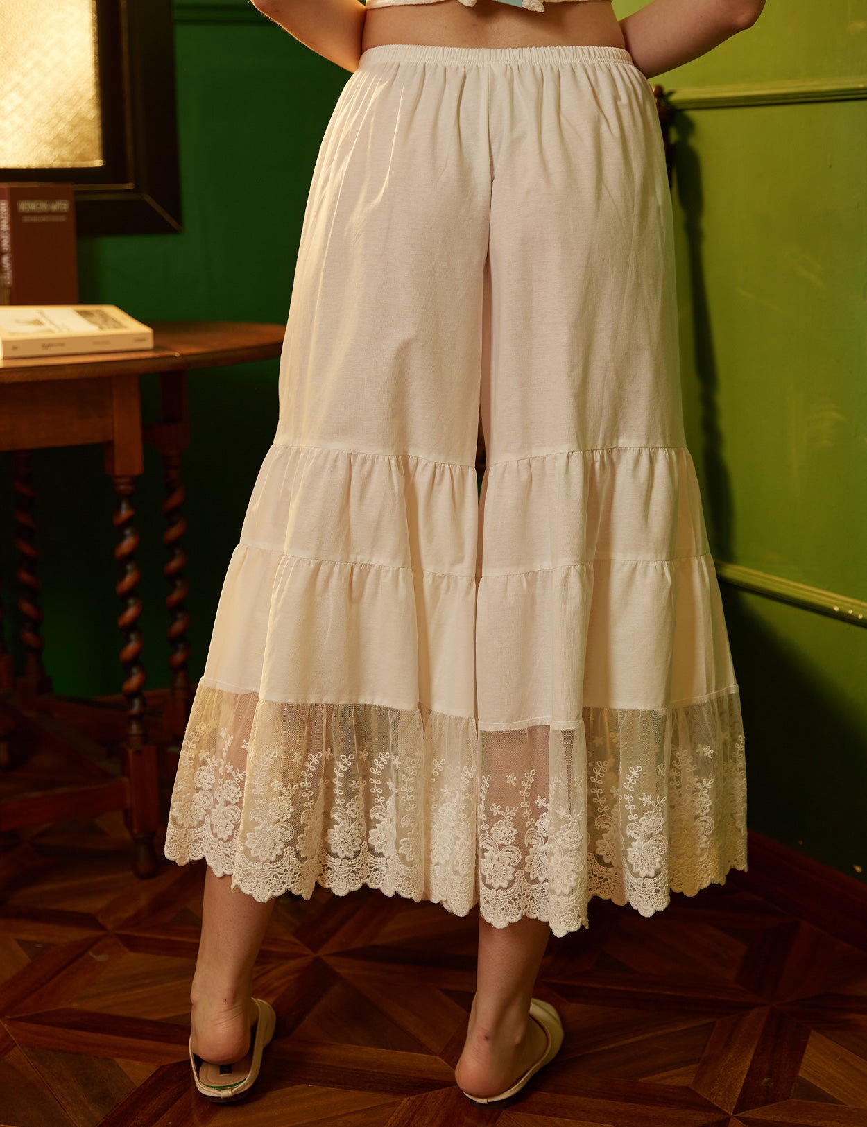 Back view of women's cotton batiste pettipants showing comfortable fit and lace detailing