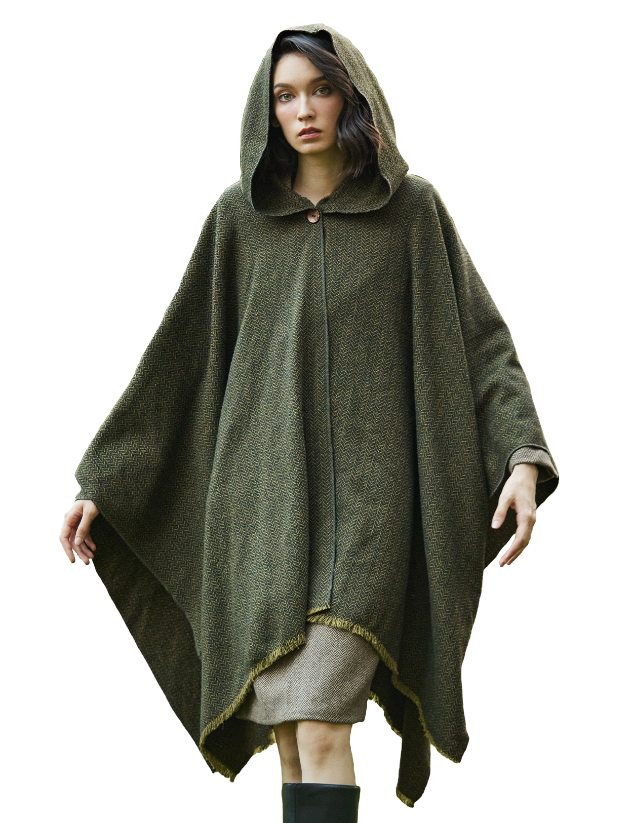 Women's vintage hooded wool poncho cloak