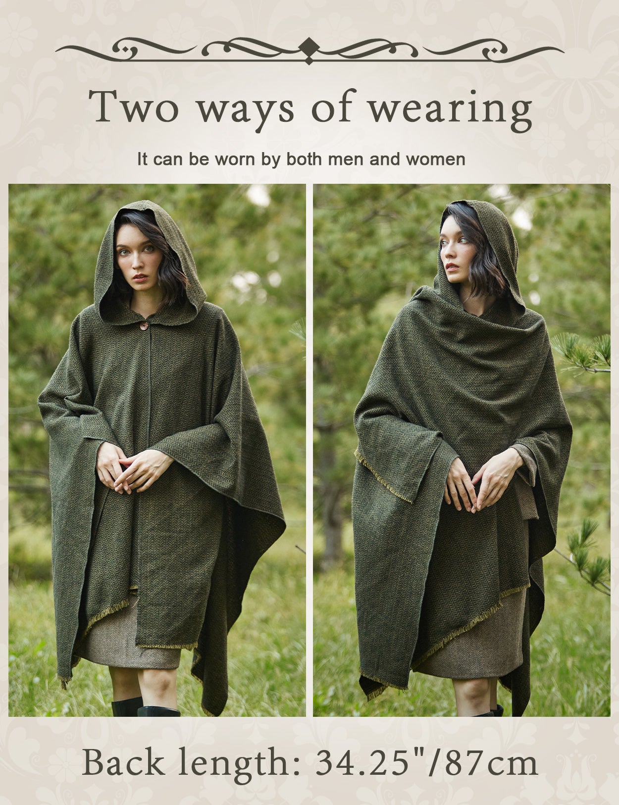 Women's vintage hooded wool poncho cloak-wearing methods