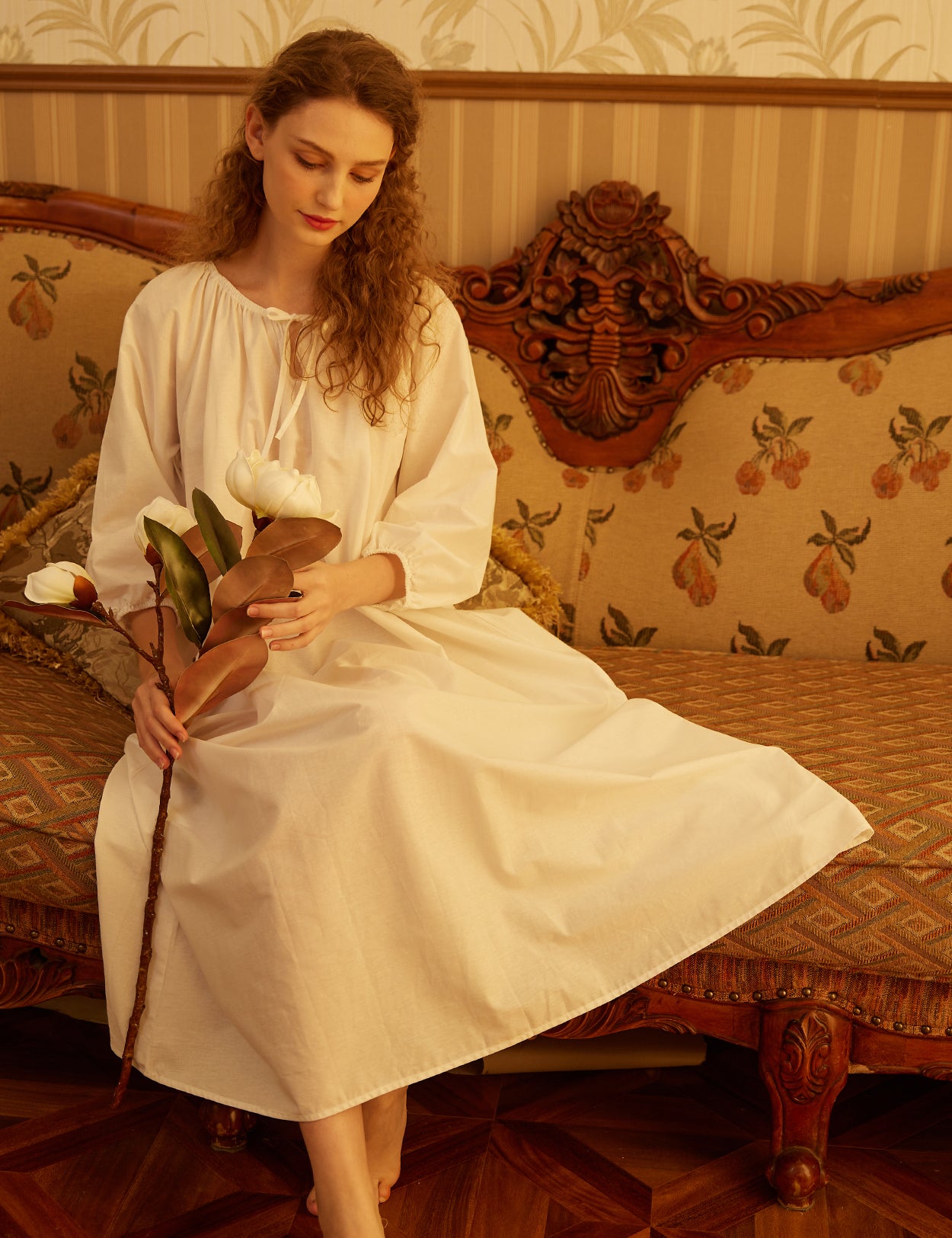 White Victorian maxi nightgown with long trumpet sleeves made from 100% cotton