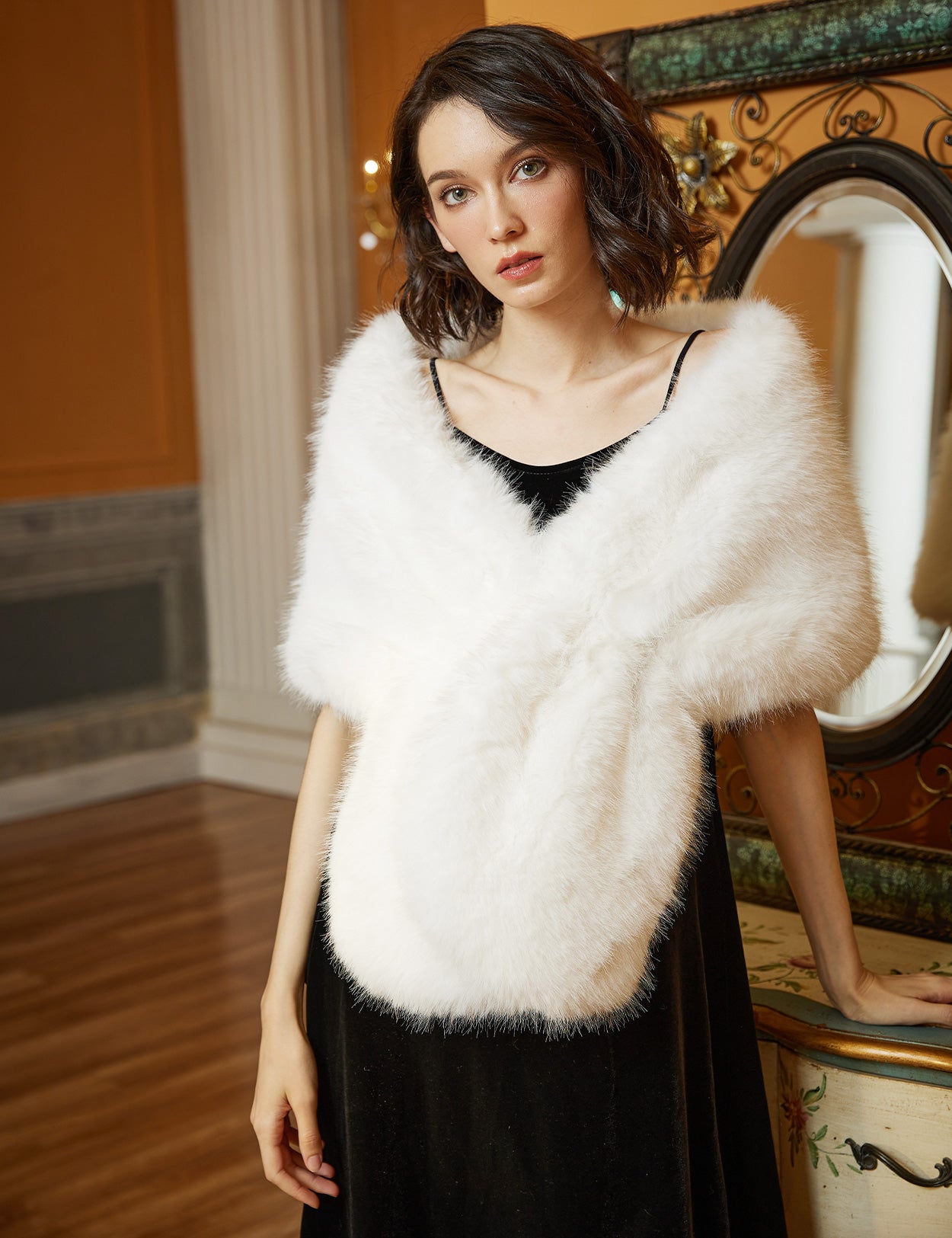 Elegant faux fur bridal shawl and wedding wrap for winter ceremonies