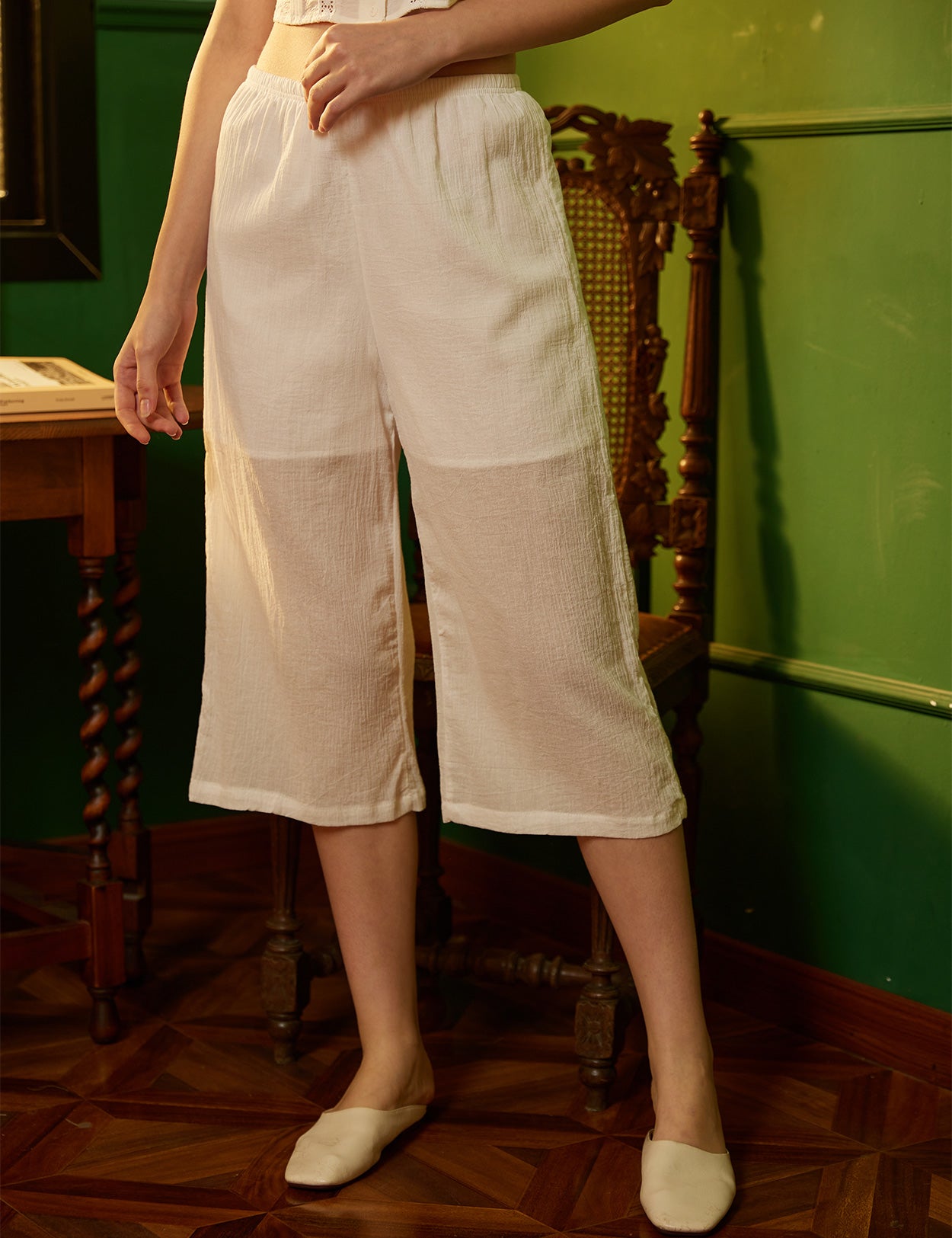 Ivory lined cotton culotte pettipants for women - front view showing calf length and elegant drape