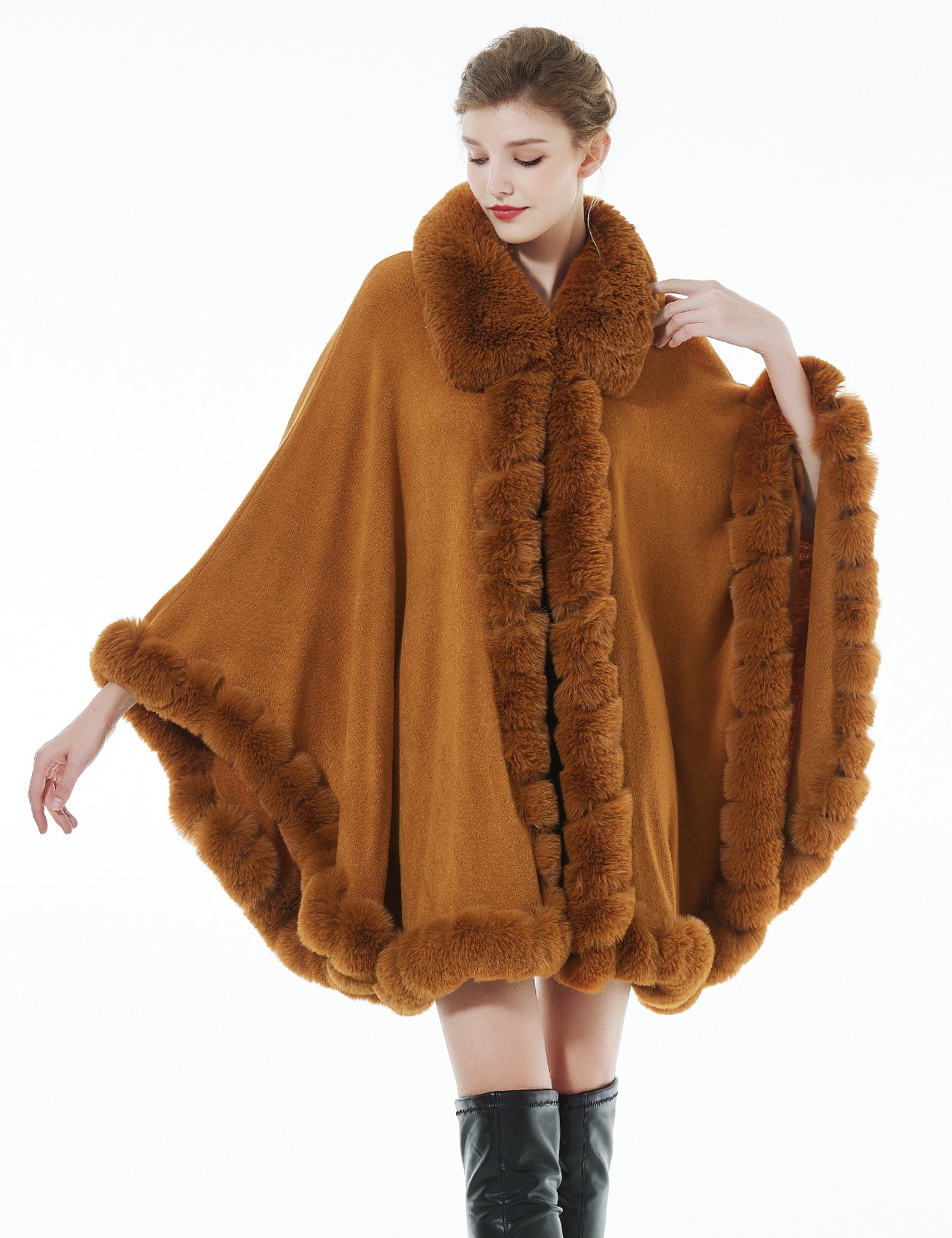 Trendy oversized knit cape coat with hood and faux fur trim