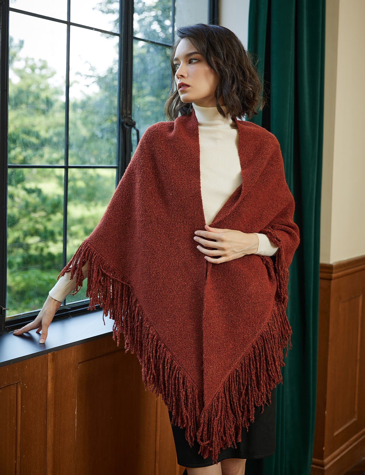 Wool blend knitted shawl with fringe detail - cozy blanket wrap for women