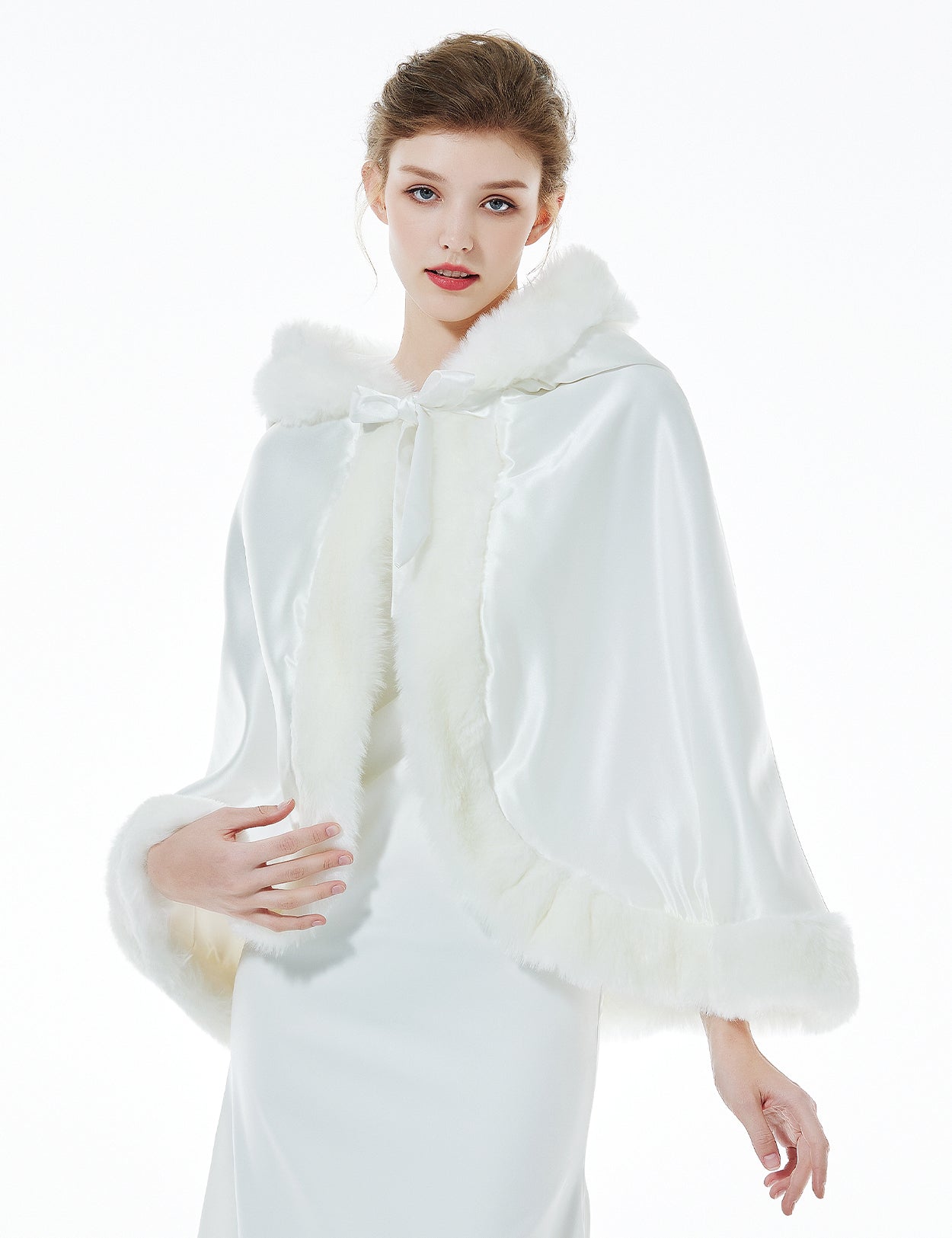 Elegant reversible bridal cape with hooded design and luxurious fur trim - front view