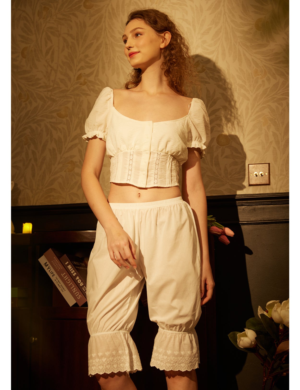 Vintage cotton bloomers with lace ruffle hem for women - showing full design and fit