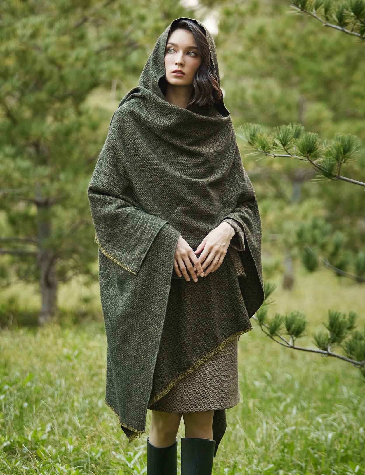 Women's vintage hooded wool poncho cloak