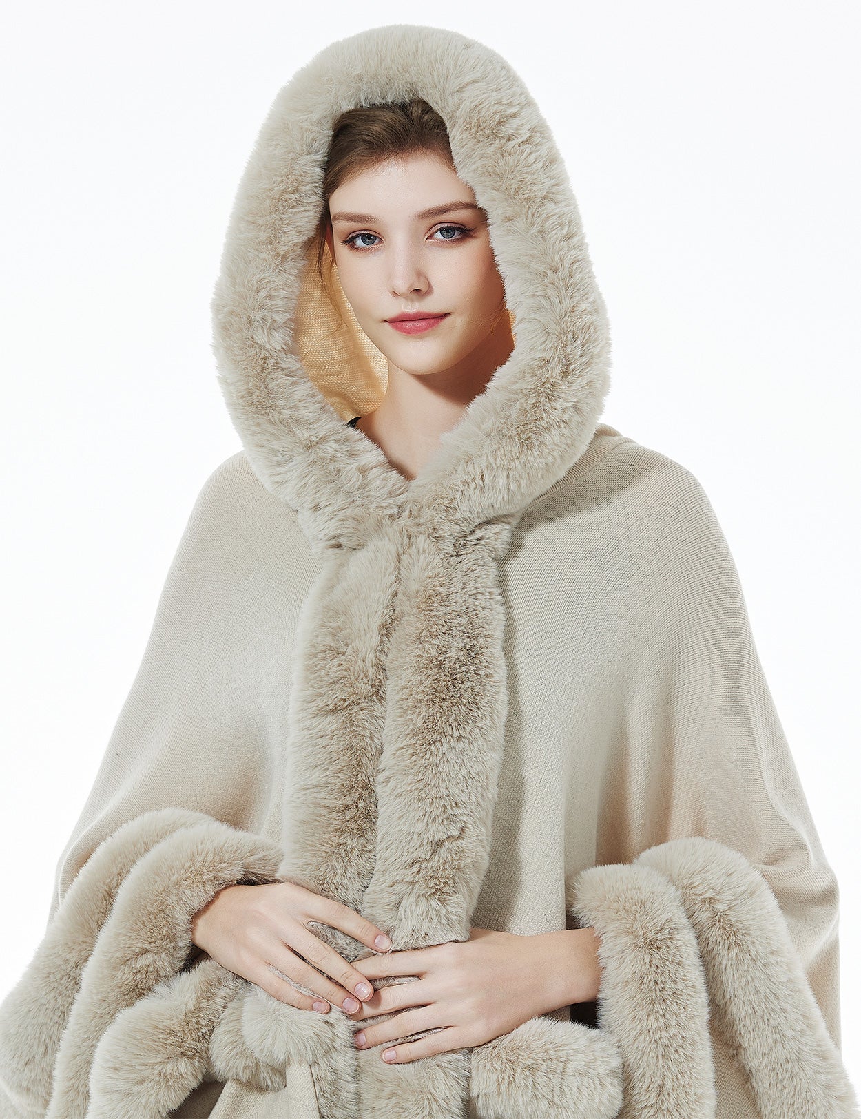 Detailed view of oversized hood with faux fur lining