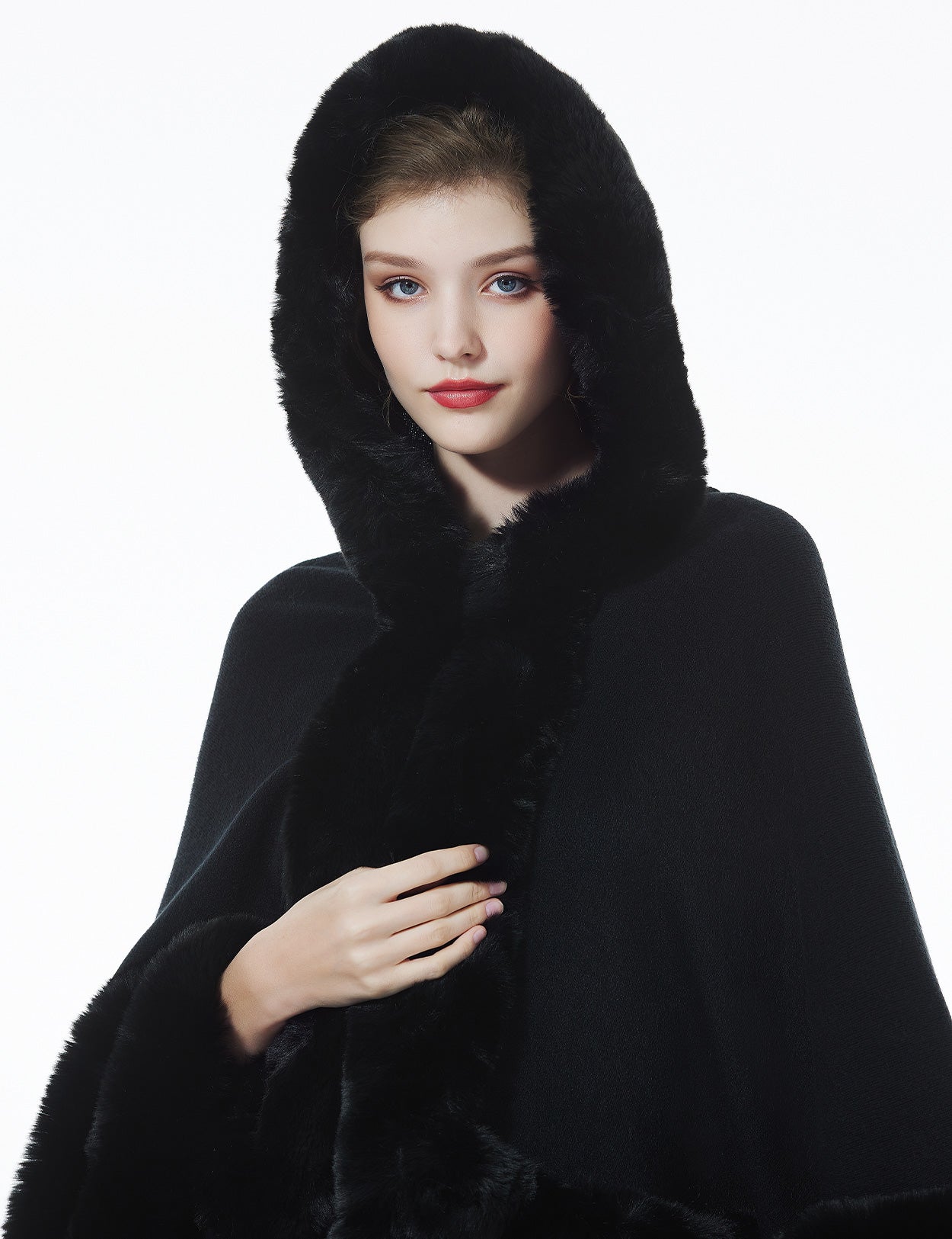 Detailed view of oversized hood with faux fur lining