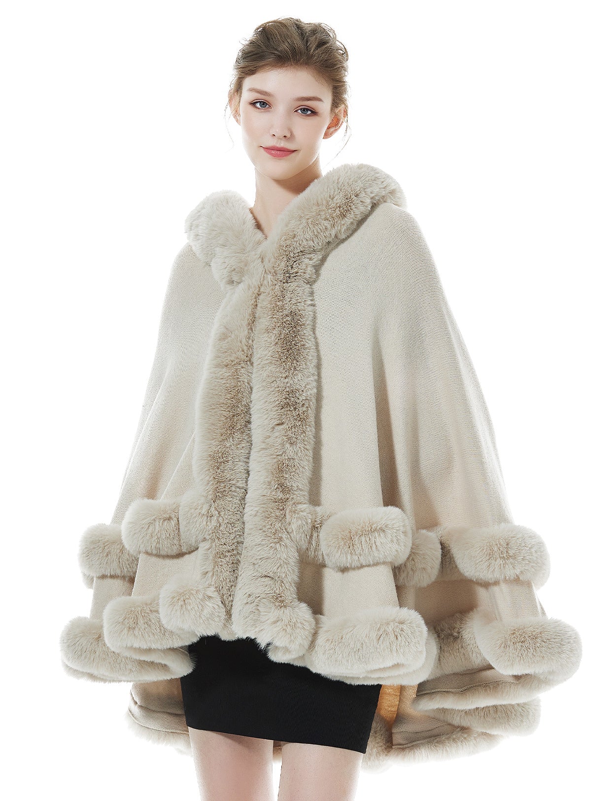 Women's beige hooded knit cape with faux fur trim - elegant winter outerwear