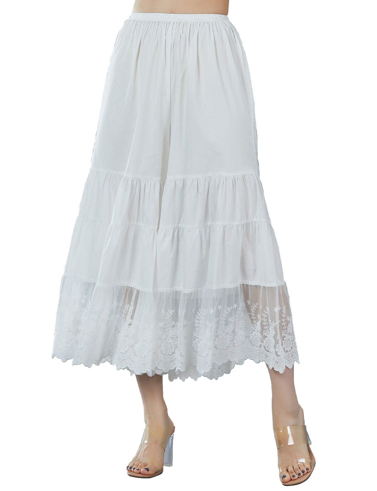 Women's vintage cotton batiste pettipants with wide legs and elegant lace trim, front view