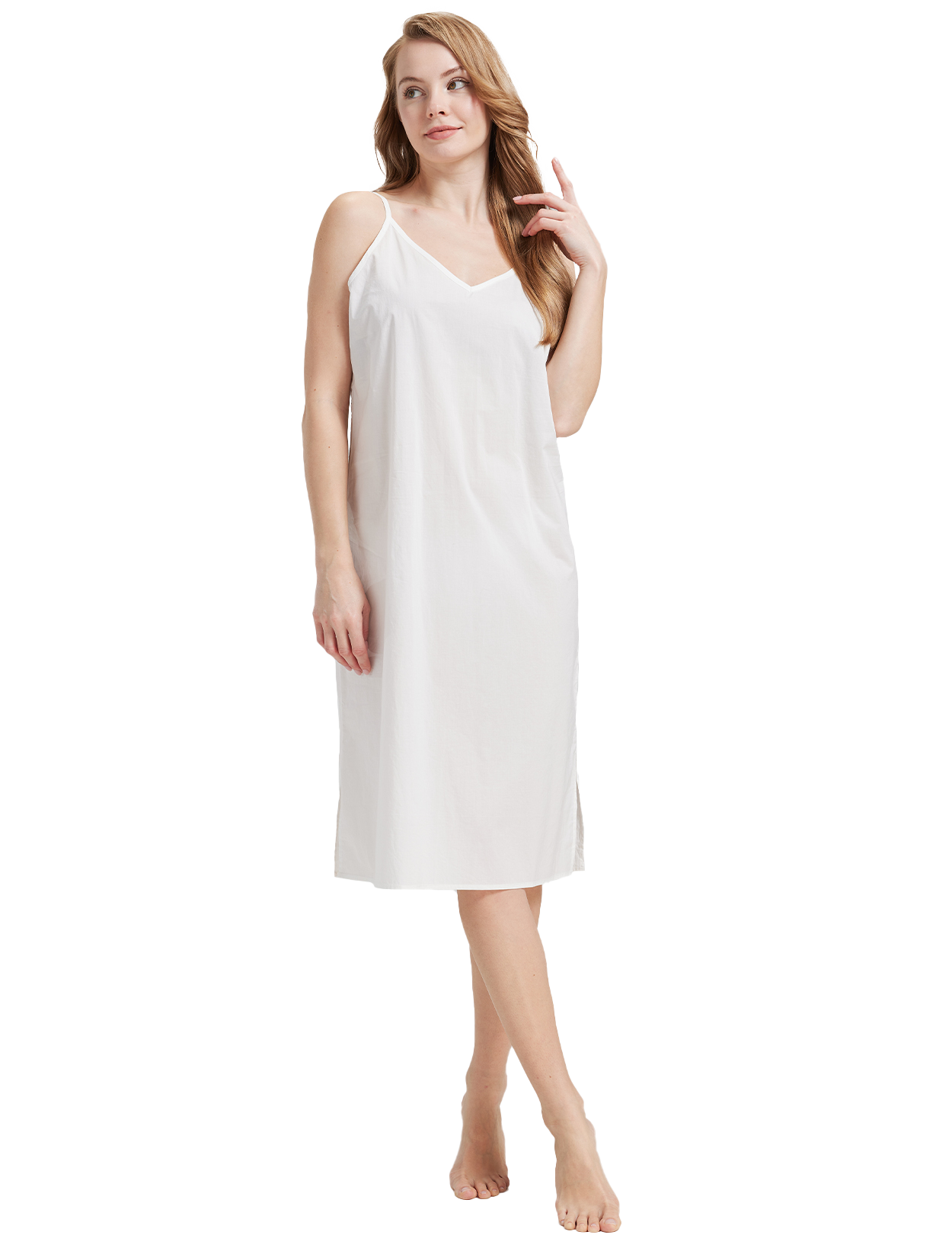 Women's long cotton slip in white - front view showing knee-length design with adjustable straps