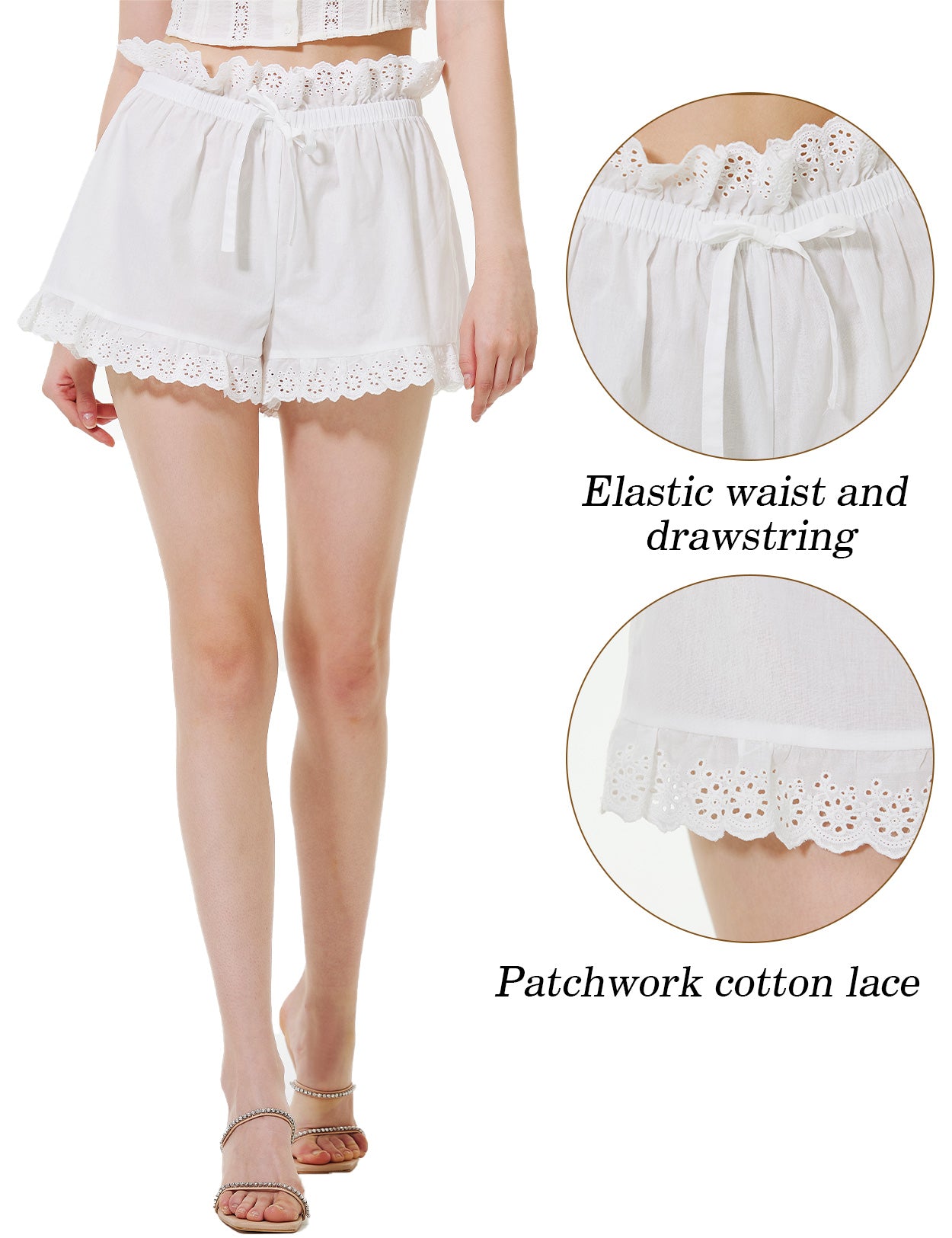 Women's High Waisted Embroidered Shorts with Lace Trim - detail View