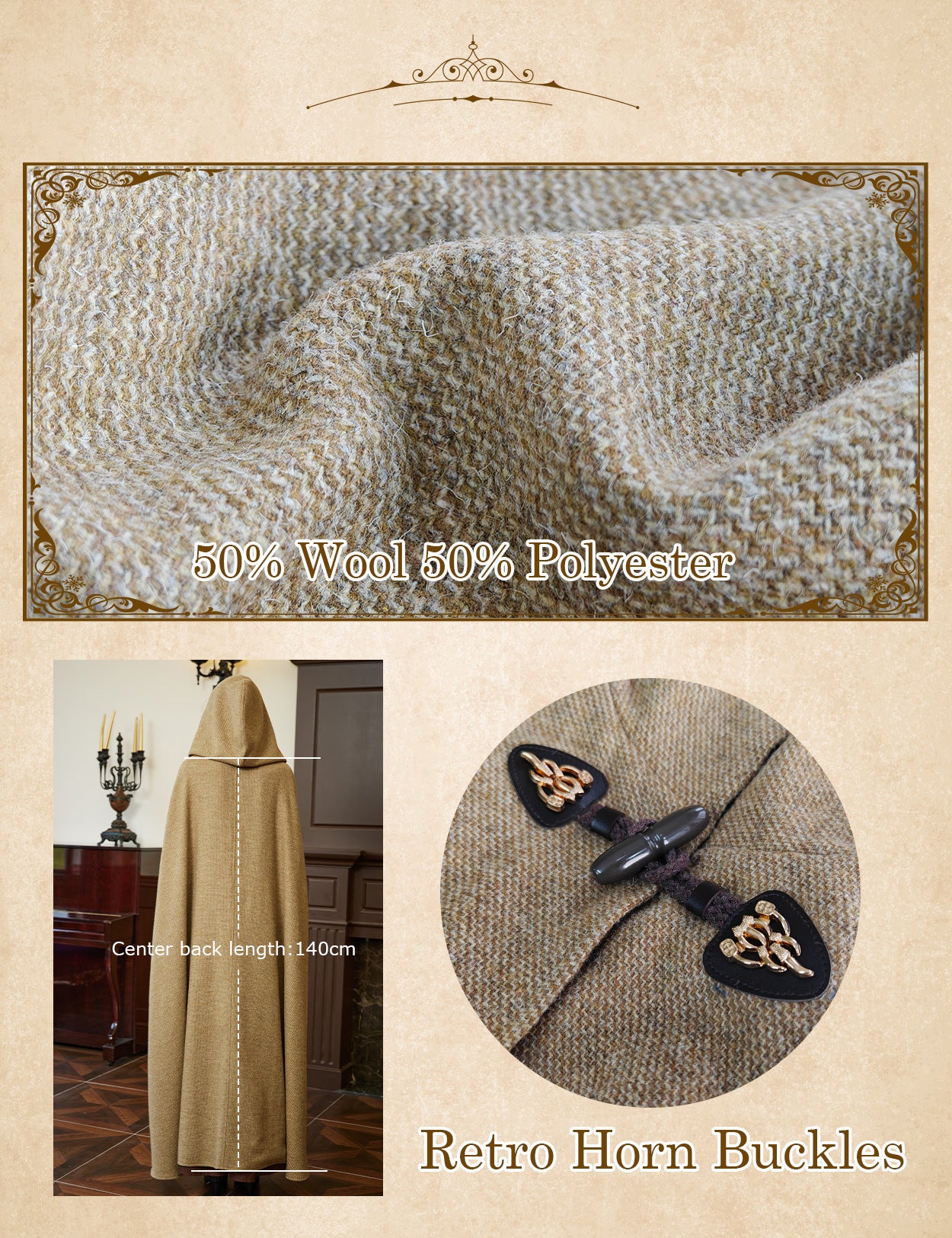 Women's medieval hooded cloak, showing details