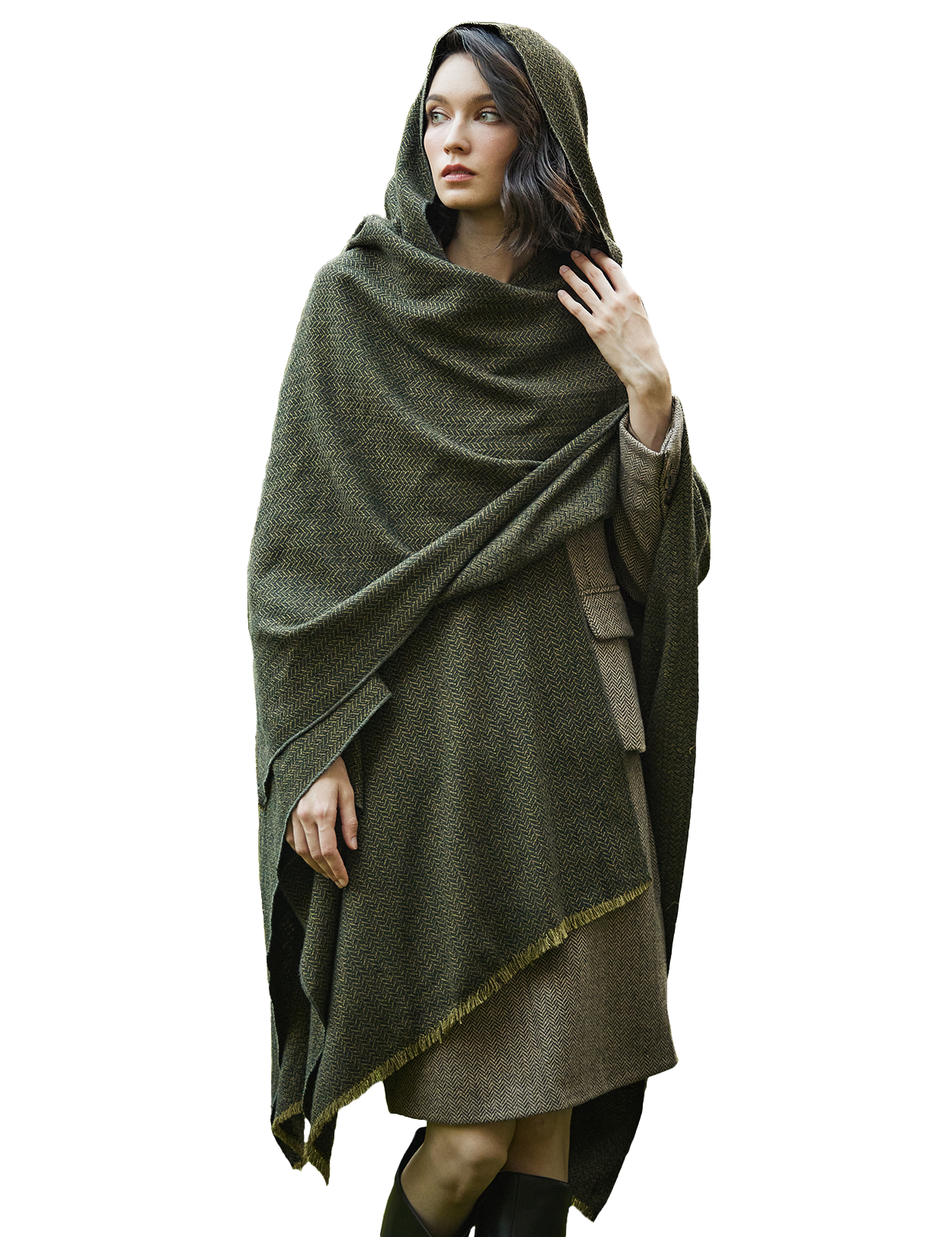 Women's vintage hooded wool poncho cloak