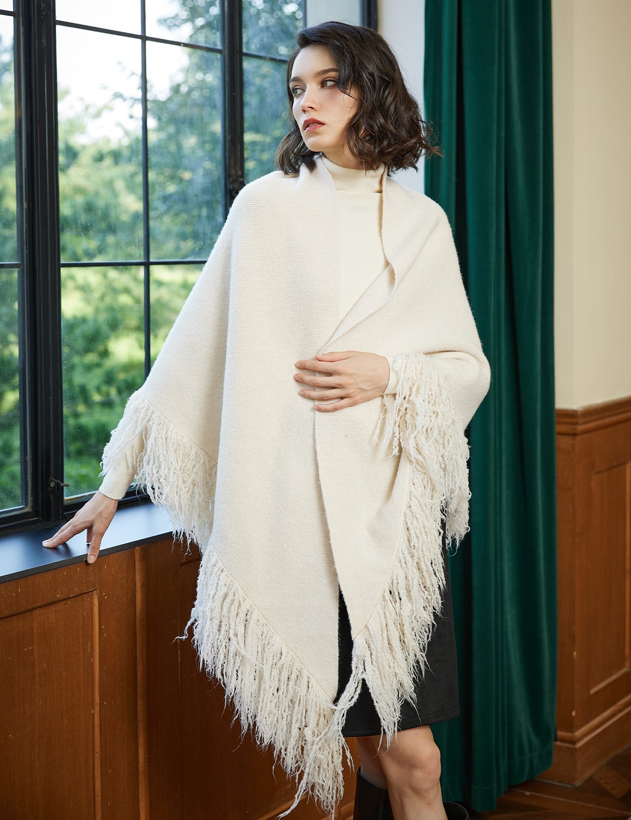 Wool blend knitted shawl with fringe detail - cozy blanket wrap for women