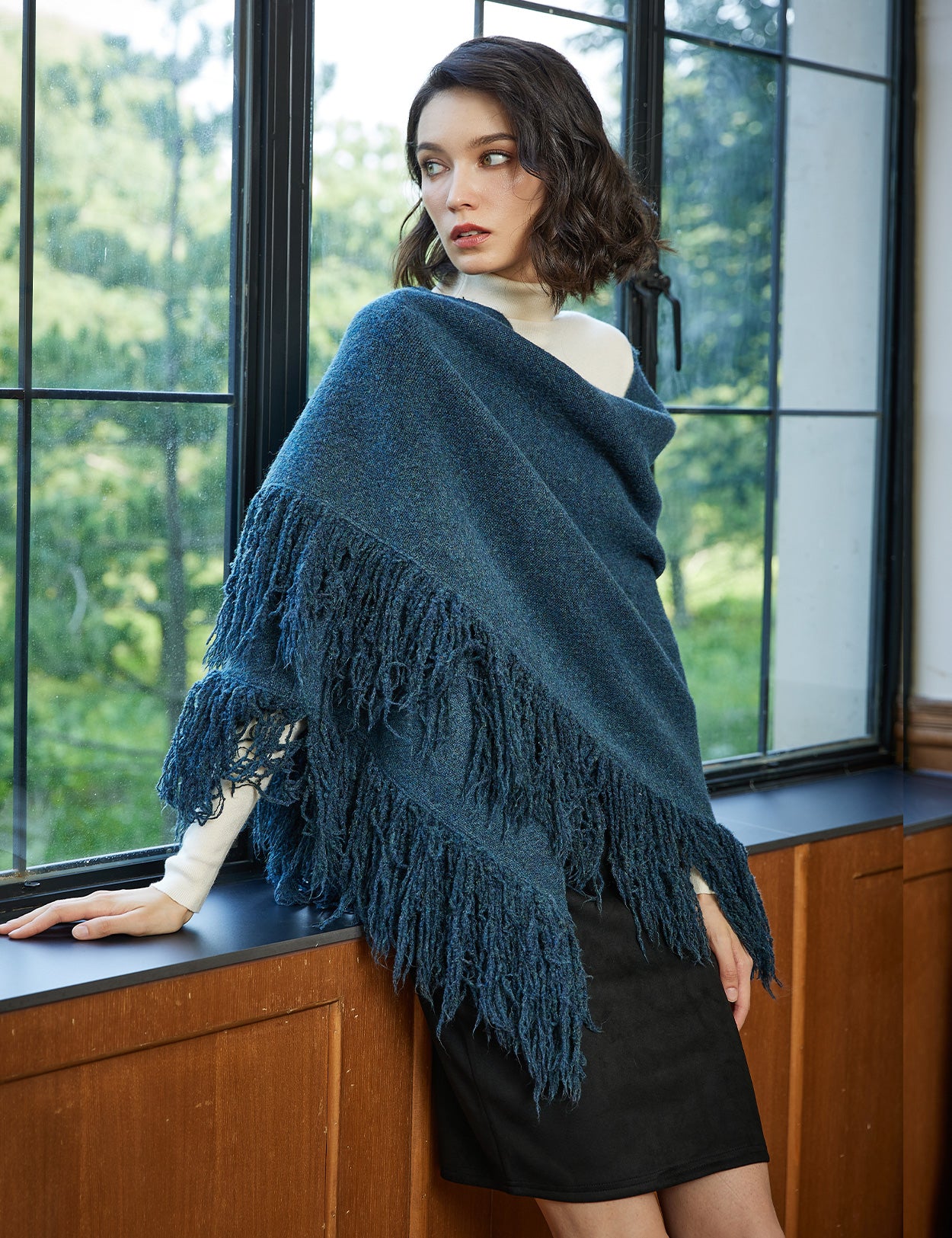 Wool blend knitted shawl with fringe detail - cozy blanket wrap for women