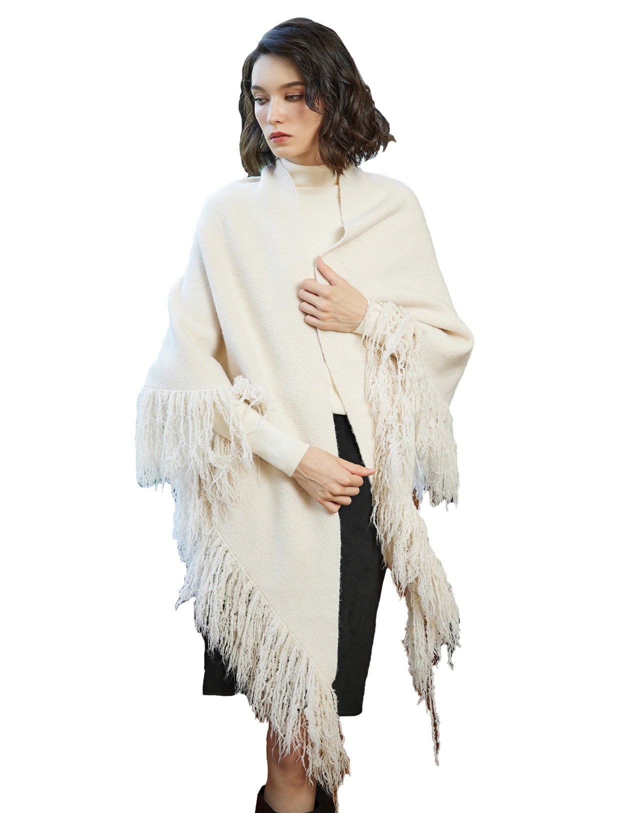 Wool blend knitted shawl with fringe detail - cozy blanket wrap for women