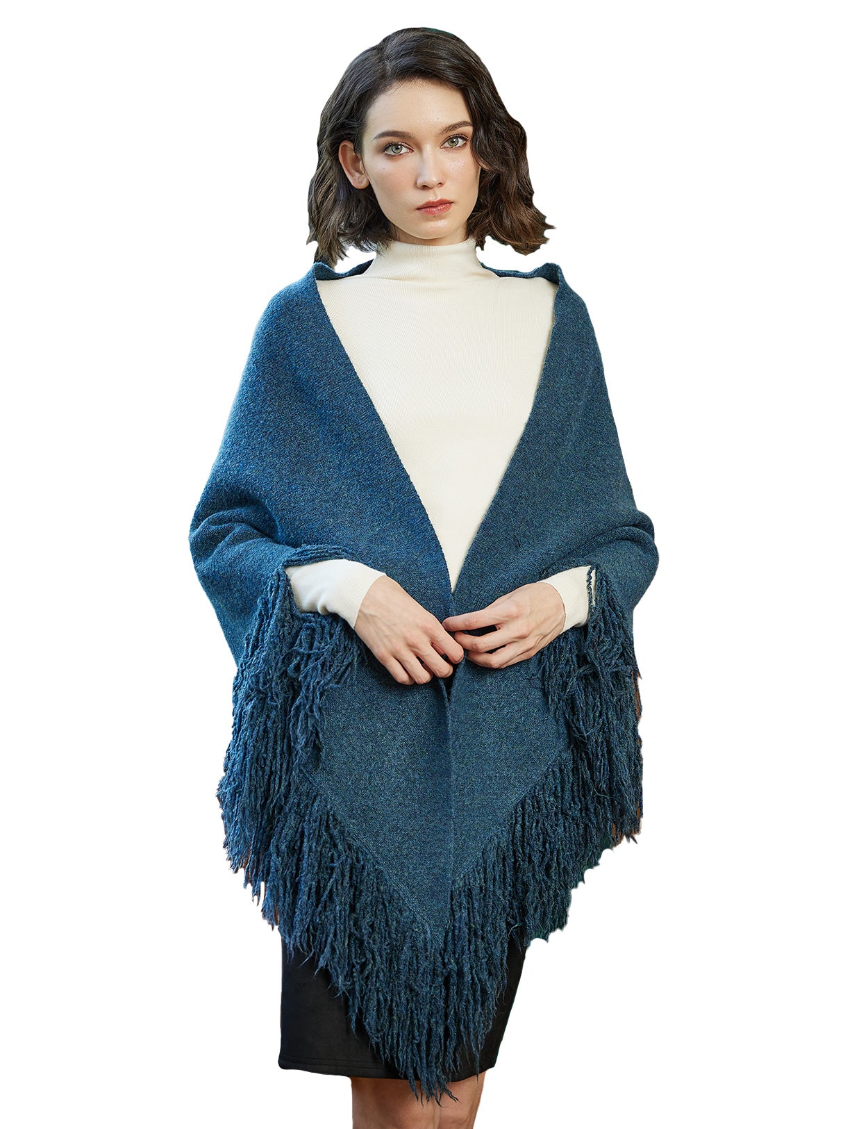 Wool blend knitted shawl with fringe detail - cozy blanket wrap for women
