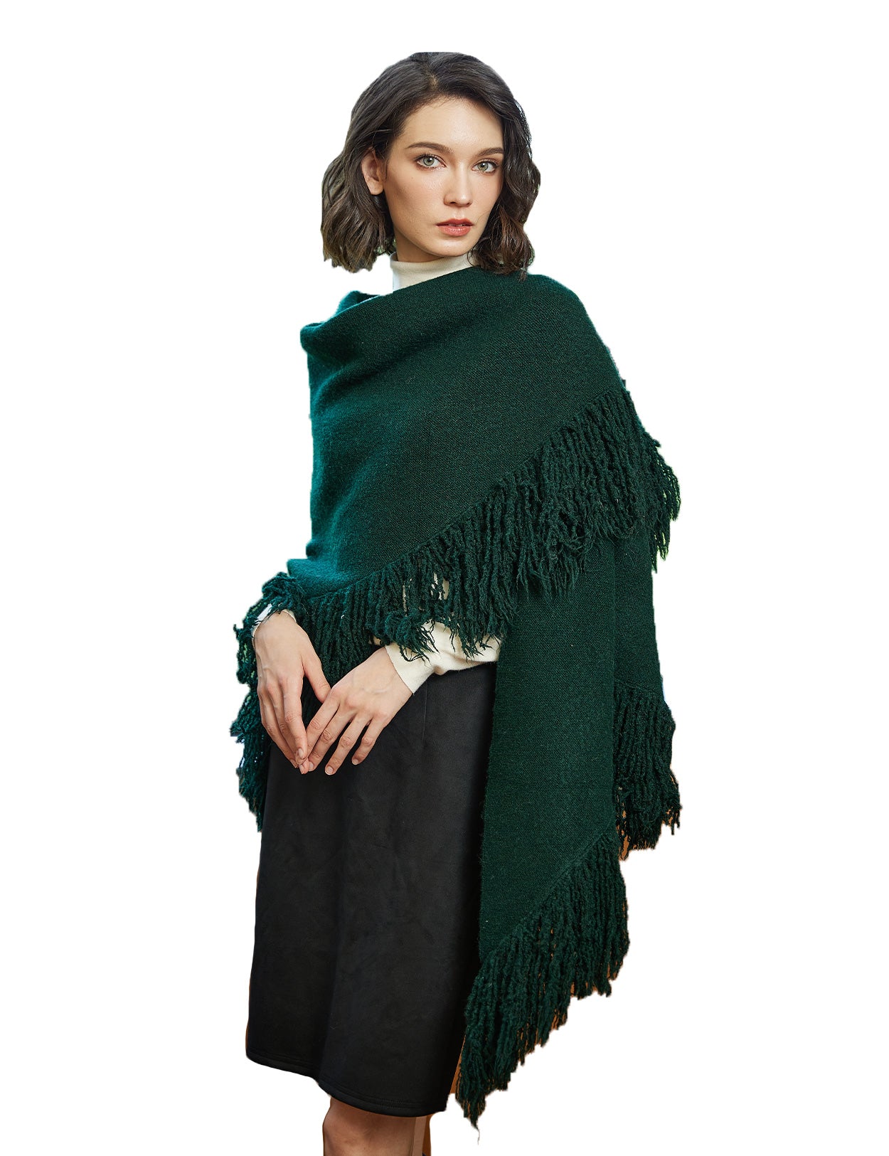 Wool blend knitted shawl with fringe detail - cozy blanket wrap for women