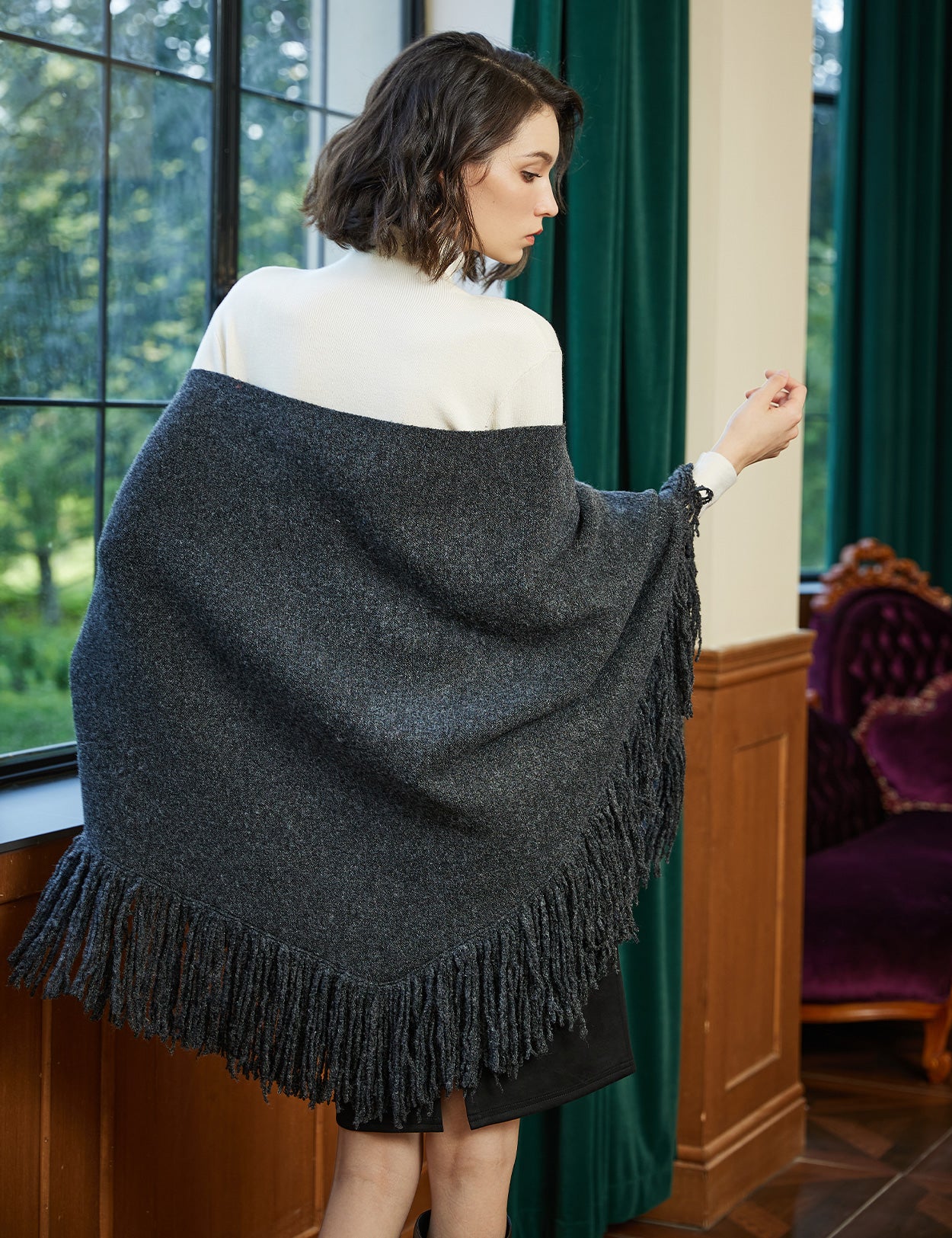 Wool blend knitted shawl with fringe detail - cozy blanket wrap for women