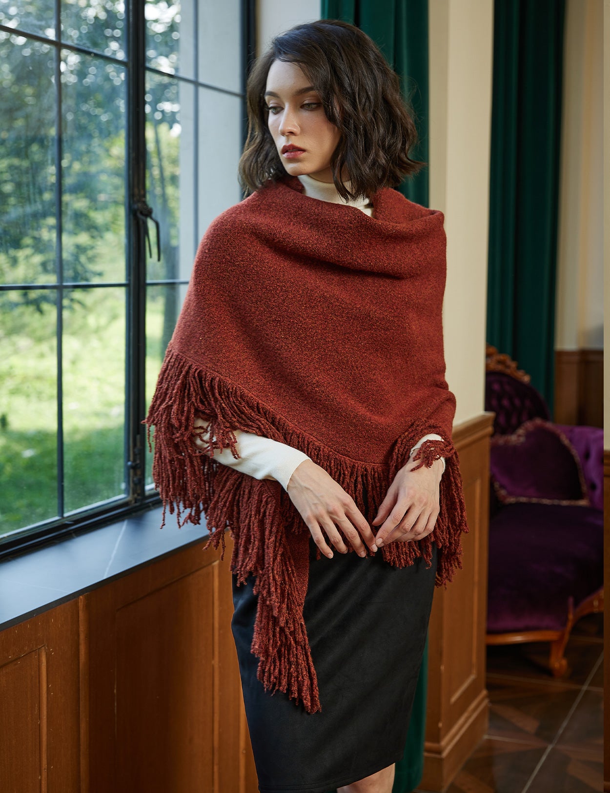 Wool blend knitted shawl with fringe detail - cozy blanket wrap for women