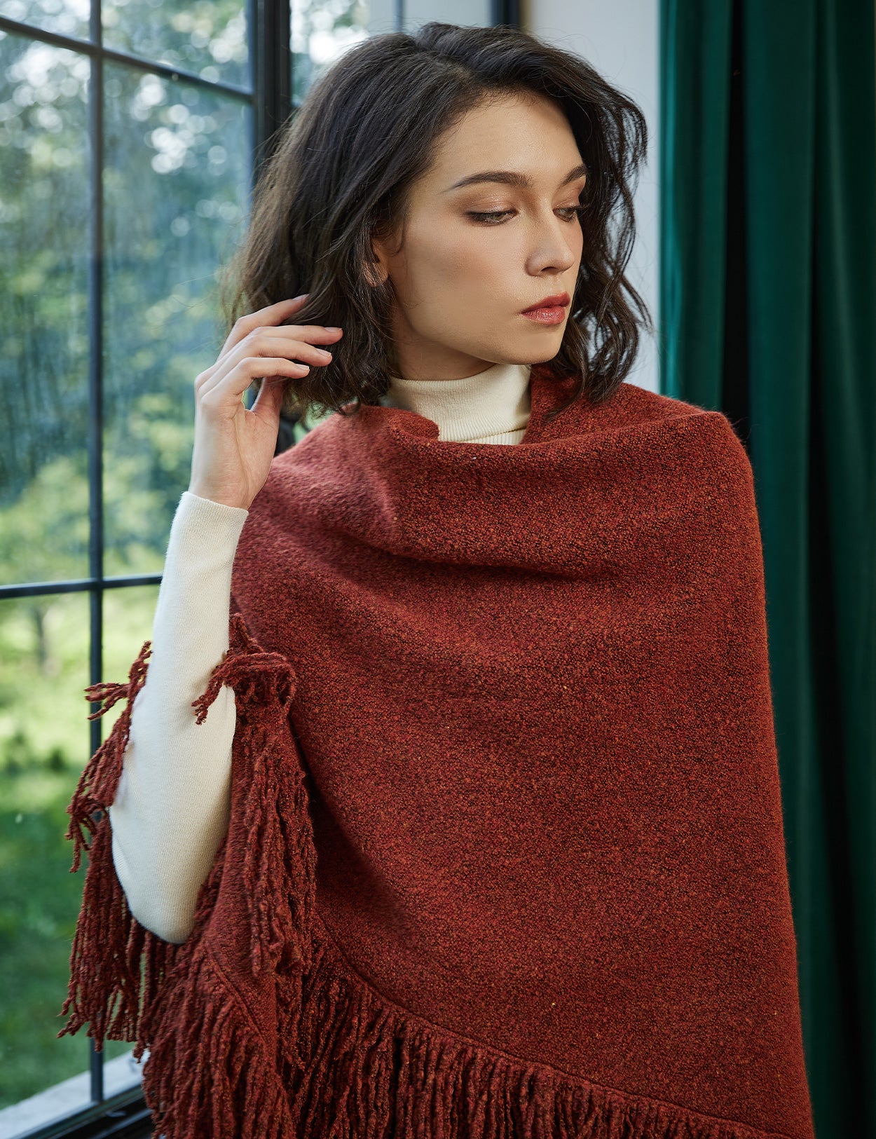 Wool blend knitted shawl with fringe detail - cozy blanket wrap for women