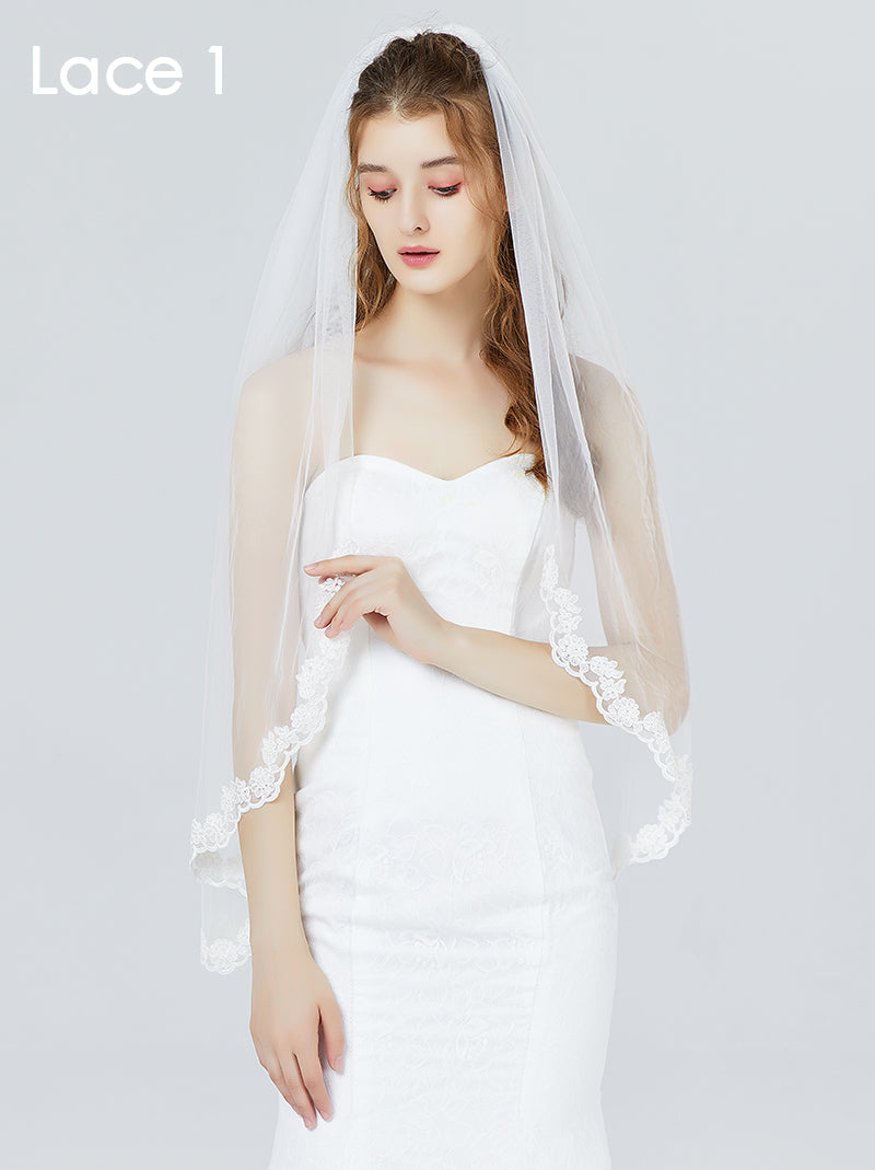 Wedding Bridal Veil with Comb 1 Tier Lace Applique Edge Fingertip Length 41"-V79.83.84