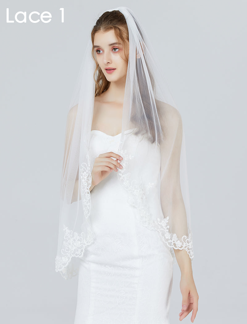 Wedding Bridal Veil with Comb 1 Tier Lace Applique Edge Fingertip Length 41"-V85.86