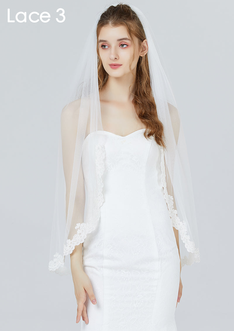 Wedding Bridal Veil with Comb 1 Tier Lace Applique Edge Fingertip Length 41"-V82.V87.V88