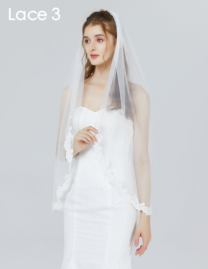 Wedding Bridal Veil with Comb 1 Tier Lace Applique Edge Fingertip Length 41"-V82.V87.V88