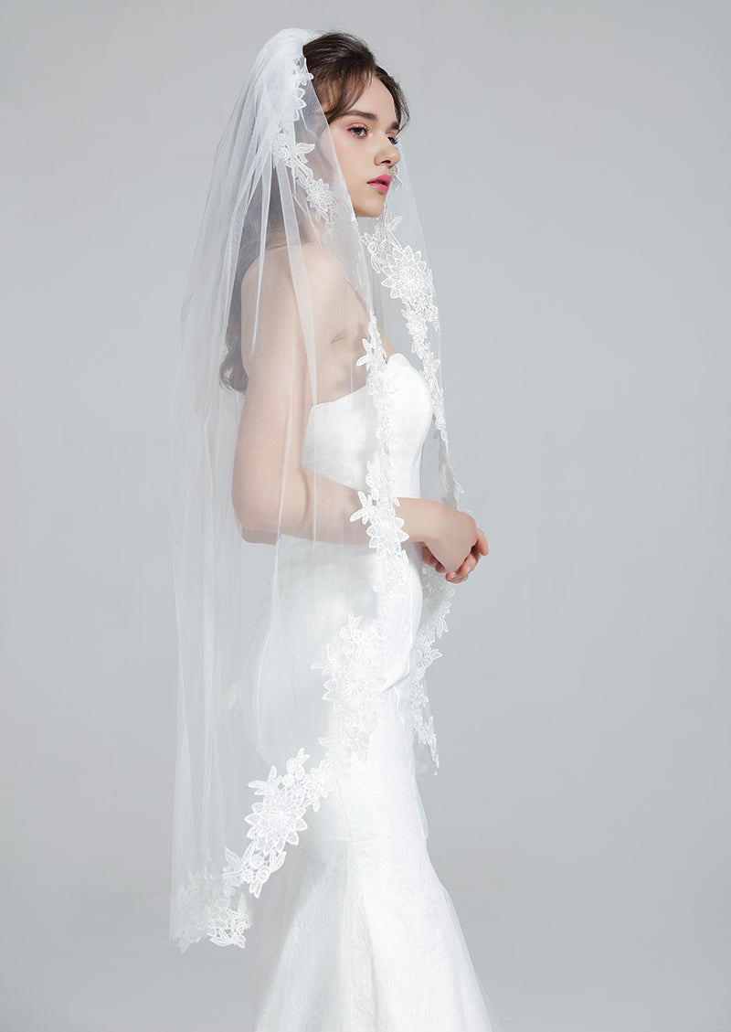 Wedding Bridal Veil with Comb 1 Tier Lace Applique Edge Waltz Length 50"-V70