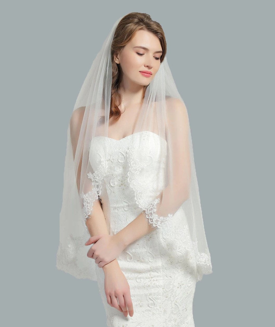Wedding Bridal Veil with Comb 1 Tier Eyelash Lace Trim Applique Edge Fingertip Length 37" Ivory White