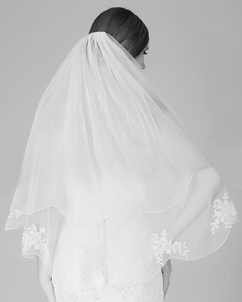 Wedding Bridal Veil with Comb 2 Tier Pencil Scalloped Edge Fingertip Length 34"-V39