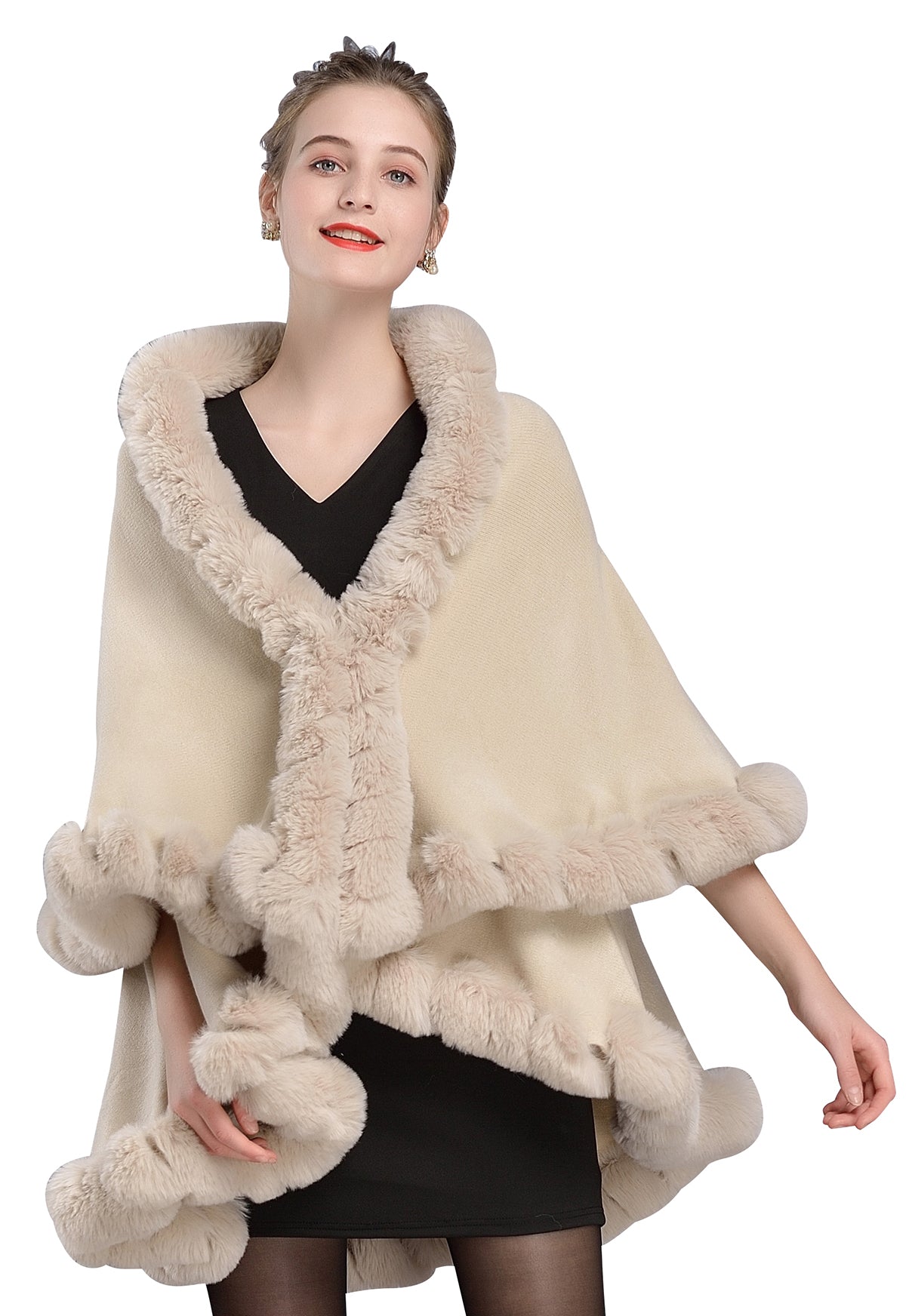 Faux-Fur-Shawl-Women-Fine-Knit-Open-Front-Faux-Fur-Trim-Layers-Poncho-Cape-Cardigan-Sweater