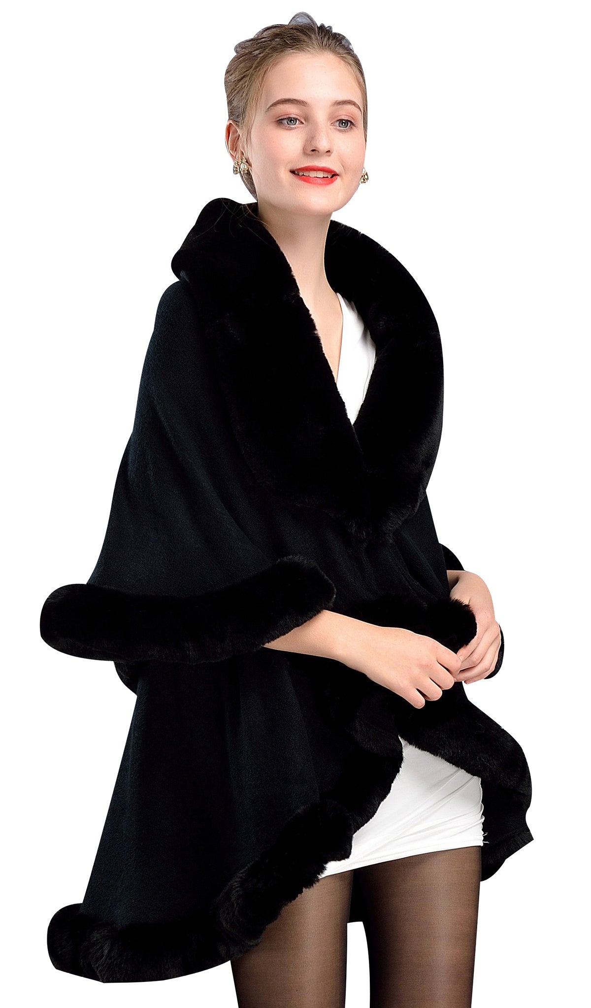 Faux-Fur-Shawl-Women-Open-Front-Faux-Fur-Trim-Layers-Poncho-Cape-Cardigan-Fine-Knit-Sweater-Black-Stone-Gray