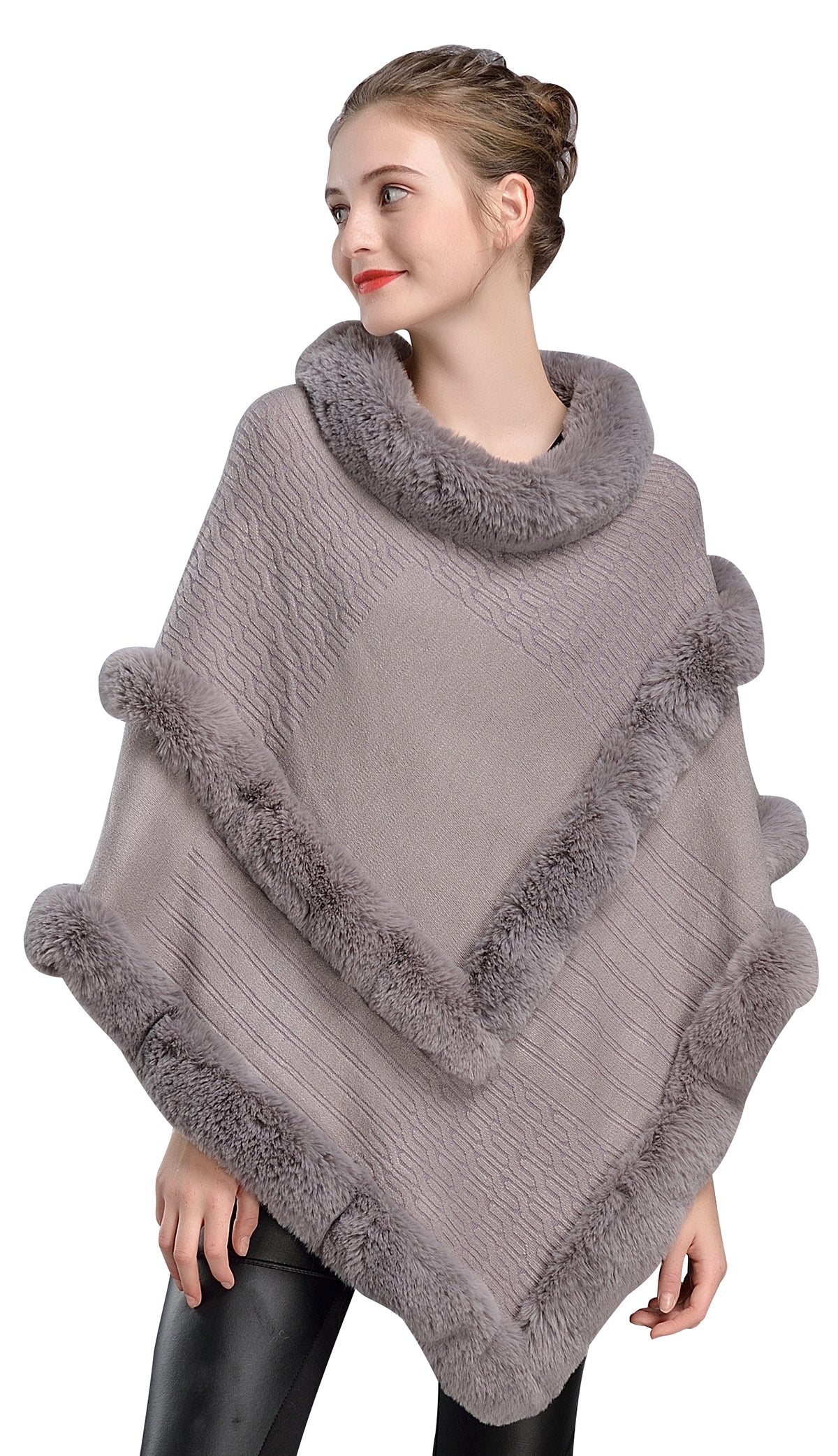 Faux-Fur-Women-Fine-Knit-Irregular-Trim-Layers-Poncho-Cape-Sweater-Gray-Stone-Gray-Khaki-Black