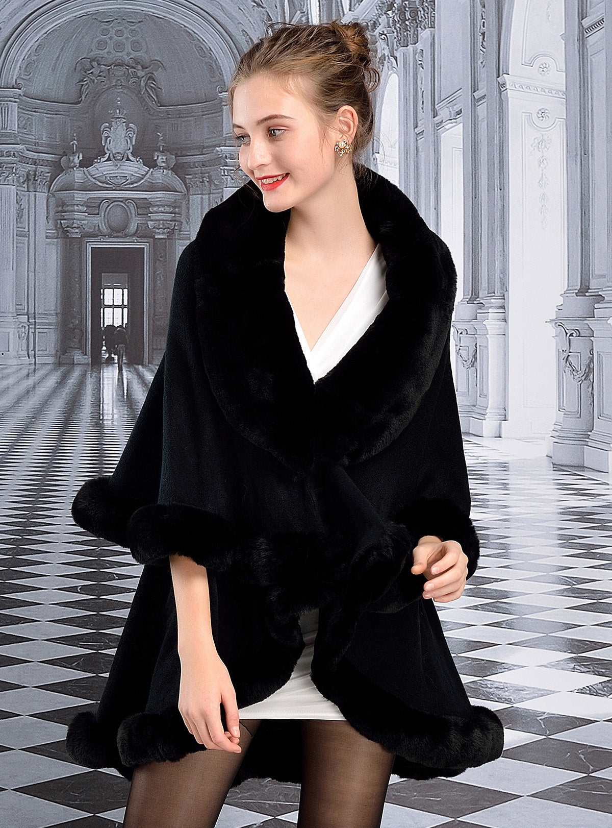 Faux-Fur-Shawl-Women-Open-Front-Faux-Fur-Trim-Layers-Poncho-Cape-Cardigan-Fine-Knit-Sweater-Black-Stone-Gray