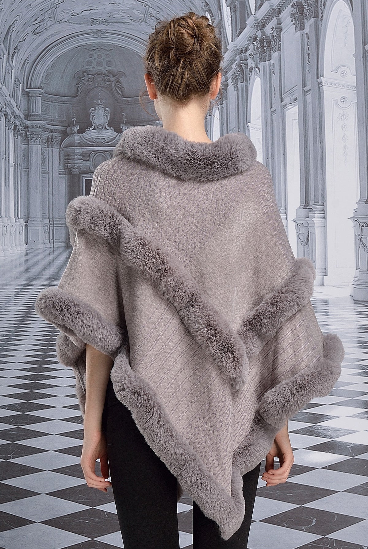 Faux-Fur-Women-Fine-Knit-Irregular-Trim-Layers-Poncho-Cape-Sweater-Gray-Stone-Gray-Khaki-Black