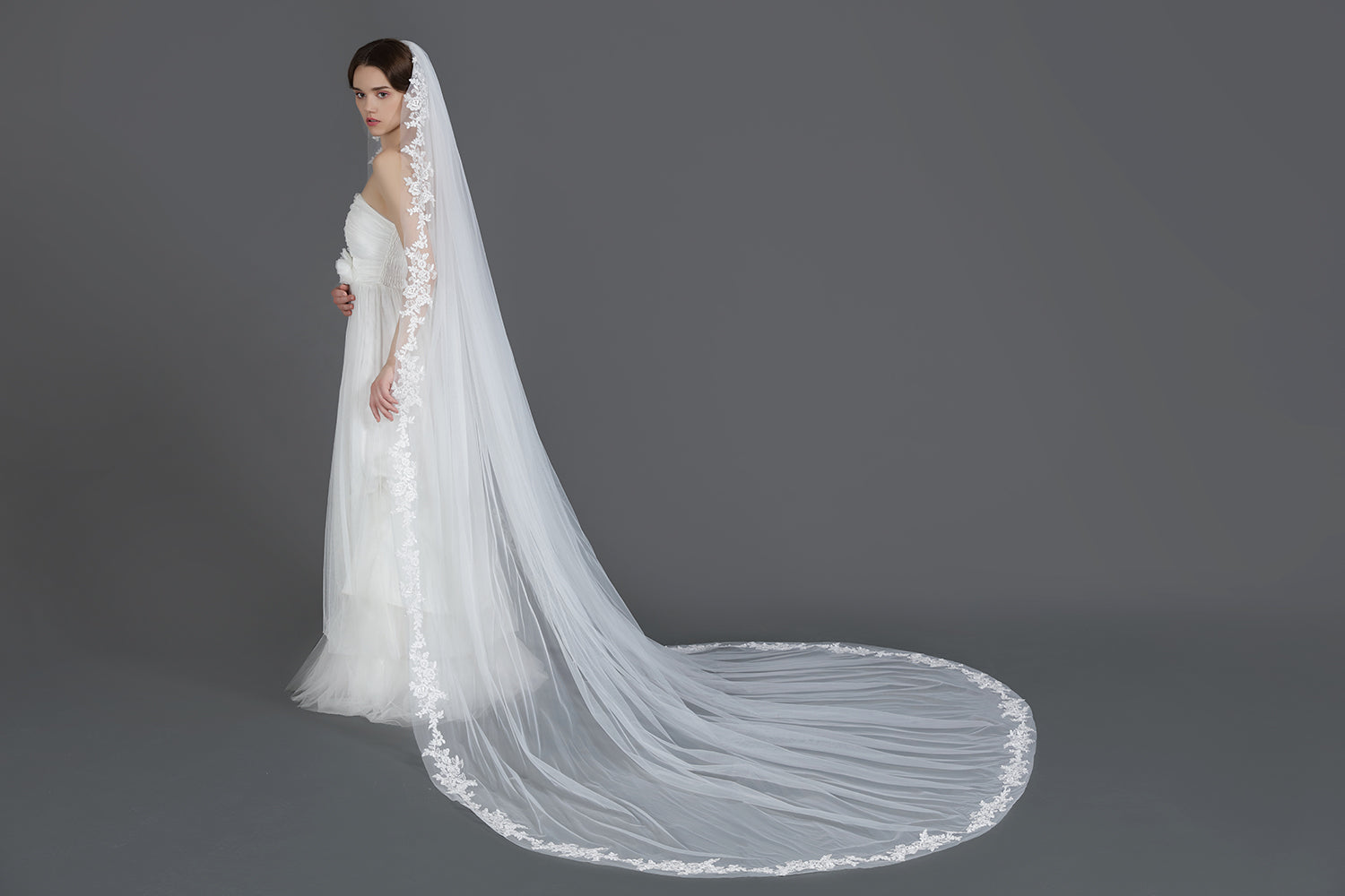 Wedding Bridal Veil with Comb 1 Tier Lace Applique Edge Cathedral Length 118"-V76