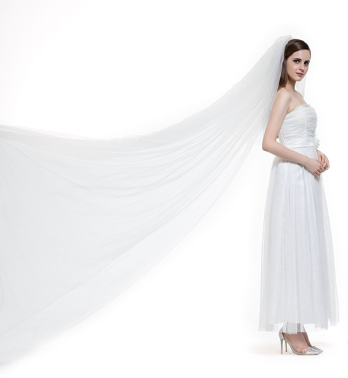 Cathedral Wedding Long Bridal Veil with Comb Blush 3 Tiers Cut Edge Ivory White-V61