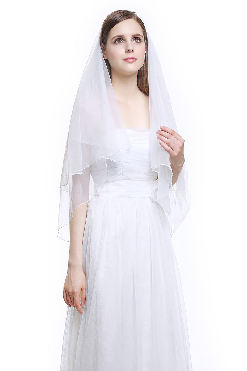 Wedding Bridal Veil with Comb 2 Tier Cut Edge Elbow Fingertip Length Ivory White-V38