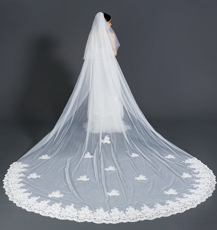 Wedding Bridal Veil with Comb 2 Tier Lace Applique Edge Cathedral Length 157"-V78
