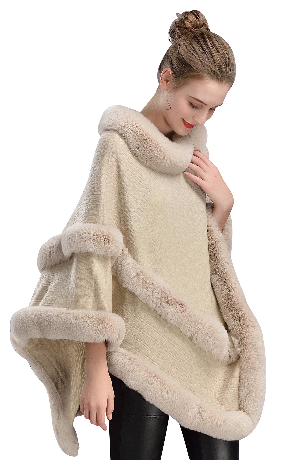 Women-Faux-Fur-Fine-Knit-Irregular-Trim-Layers-Poncho-Cape-Sweater-Pink-Black-Beige